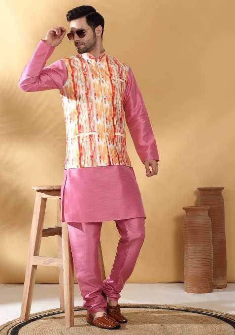 Orange Printed Silk Nehru Jacket For Men