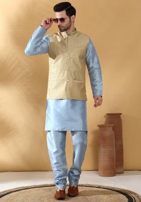 Beige Self Design Silk Nehru Jacket For Men