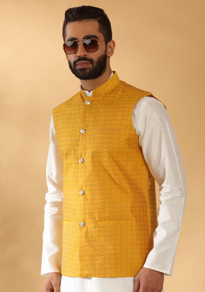 Mustard Self Design Silk Nehru Jacket For Men - Indya