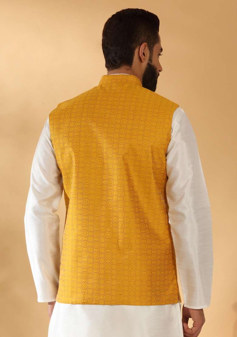Mustard Self Design Silk Nehru Jacket For Men - Indya