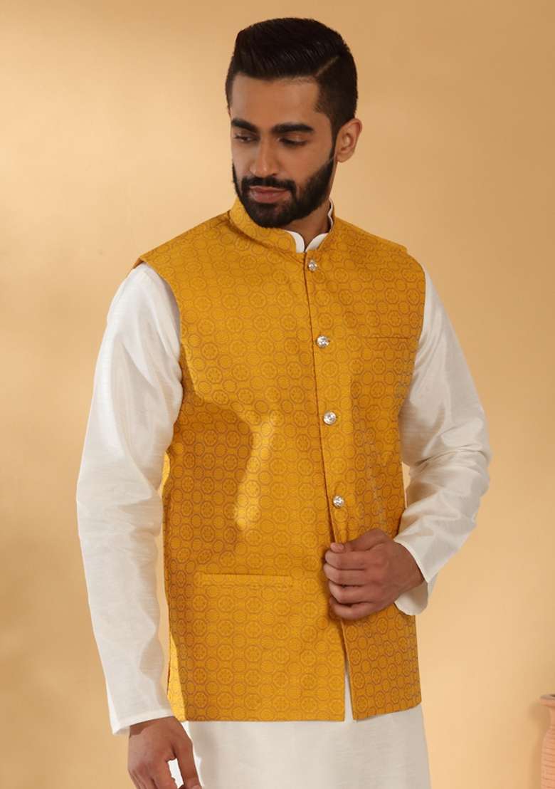 Mustard Self Design Silk Nehru Jacket For Men - Indya