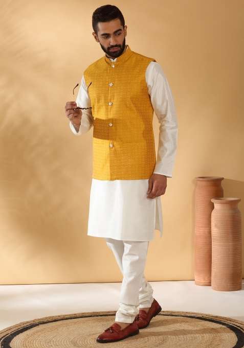 Mustard Self Design Silk Nehru Jacket For Men