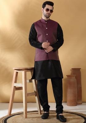 Purple Self Design Silk Nehru Jacket For Men