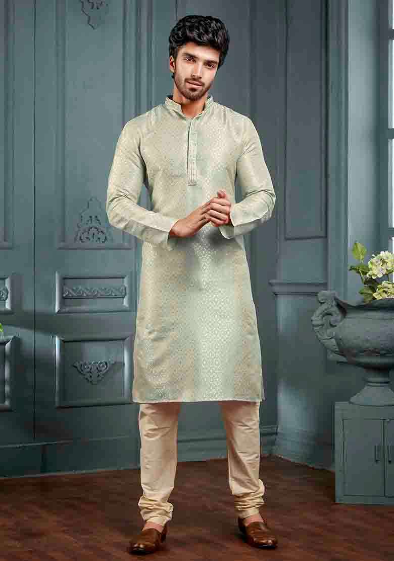 Grey Jacquard Jacquard Kurta Set For Men - Indya