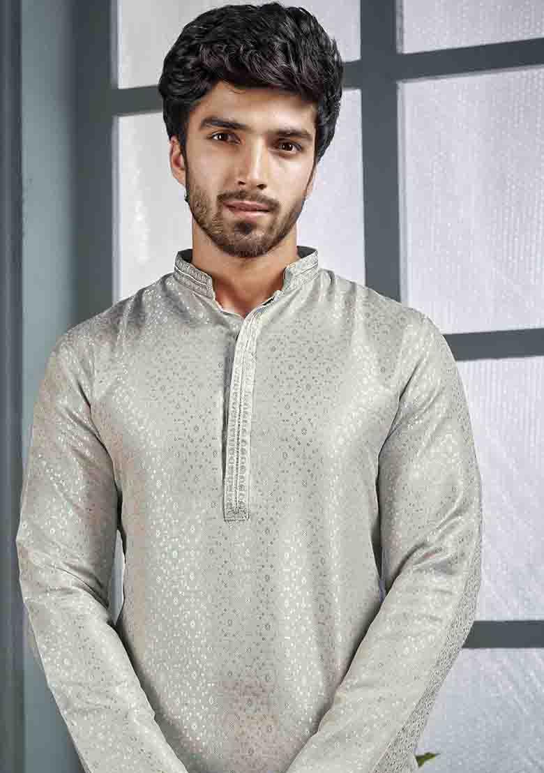Grey Jacquard Jacquard Kurta Set For Men