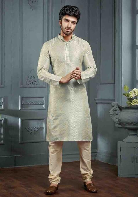 Grey Jacquard Jacquard Kurta Set For Men