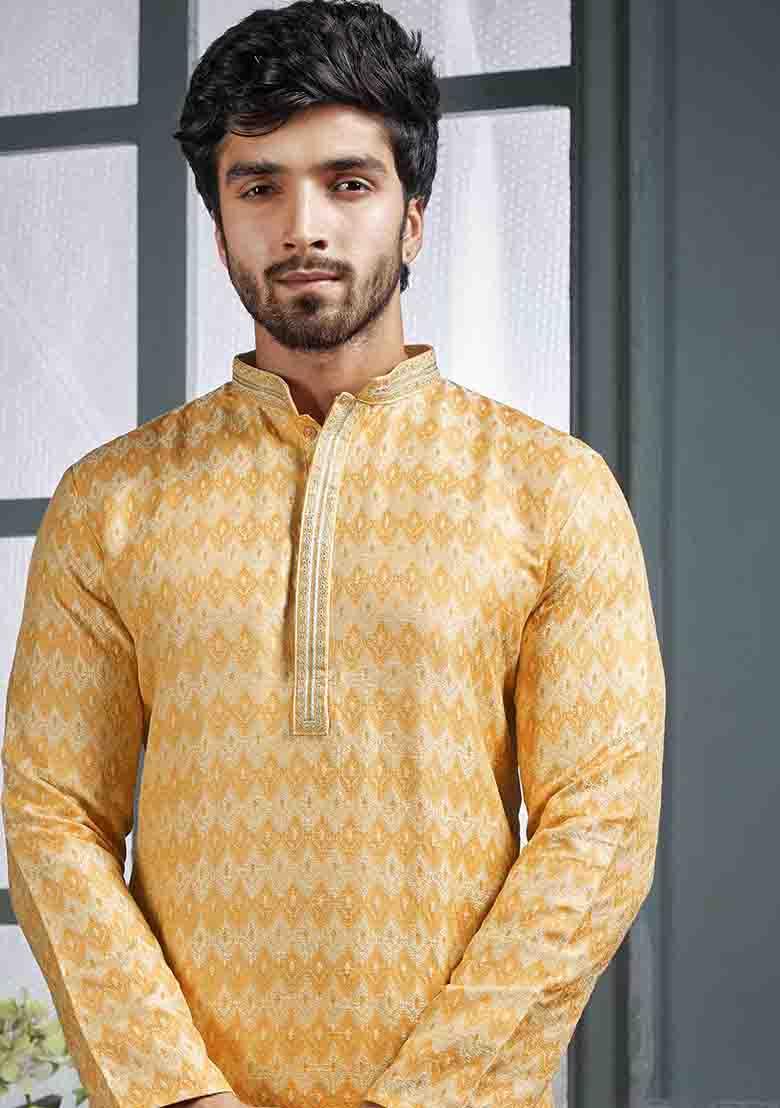 Yellow Jacquard Jacquard Kurta Set For Men