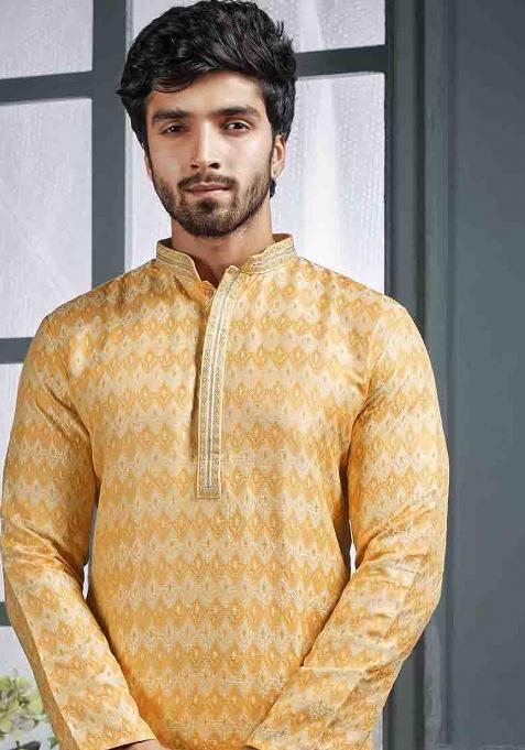 Yellow Jacquard Jacquard Kurta Set For Men