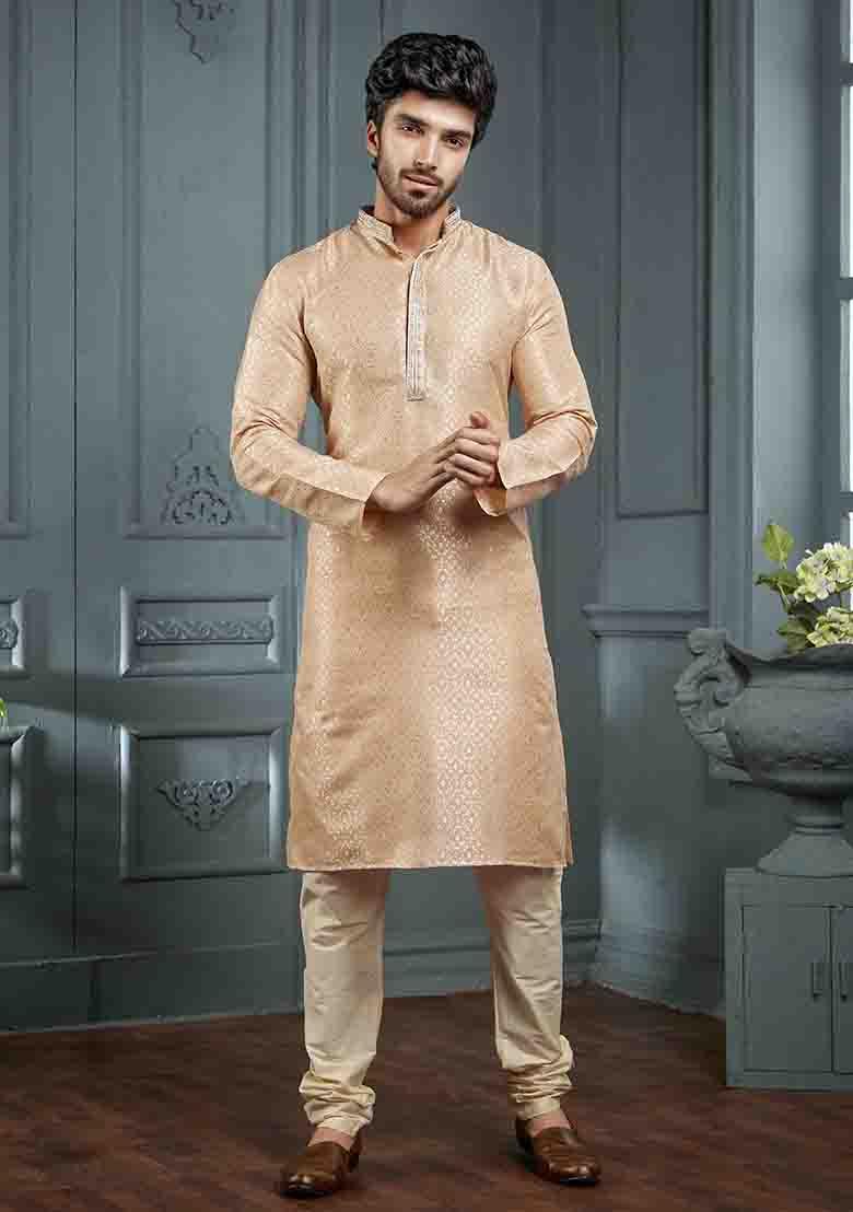 Light Peach Jacquard Jacquard Kurta Set For Men
