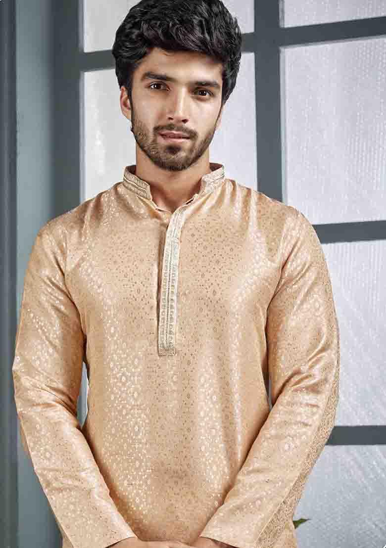 Light Peach Jacquard Jacquard Kurta Set For Men