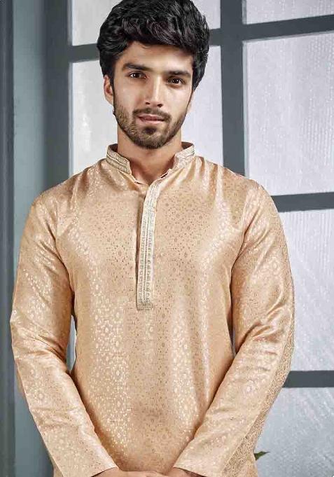 Light Peach Jacquard Jacquard Kurta Set For Men