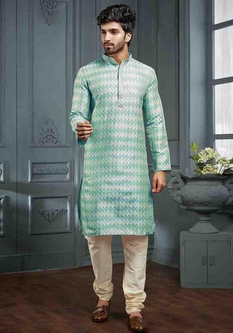 Blue Jacquard Jacquard Kurta Set For Men — view on Indya