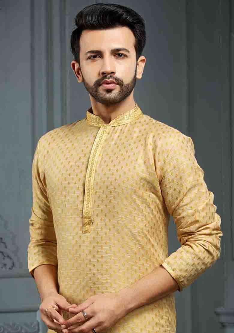 Yellow Jacquard Jacquard Kurta Set For Men