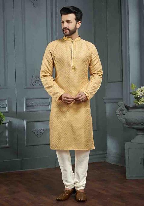 Yellow Jacquard Jacquard Kurta Set For Men
