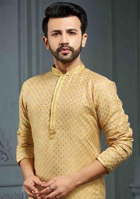 Yellow Jacquard Jacquard Kurta Set For Men