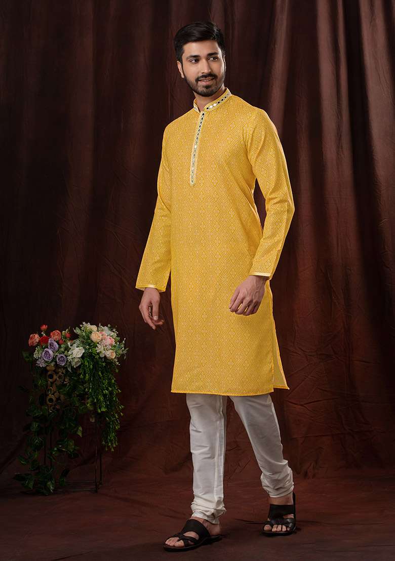 Yellow Solid Silk Kurta Set For Men - Indya