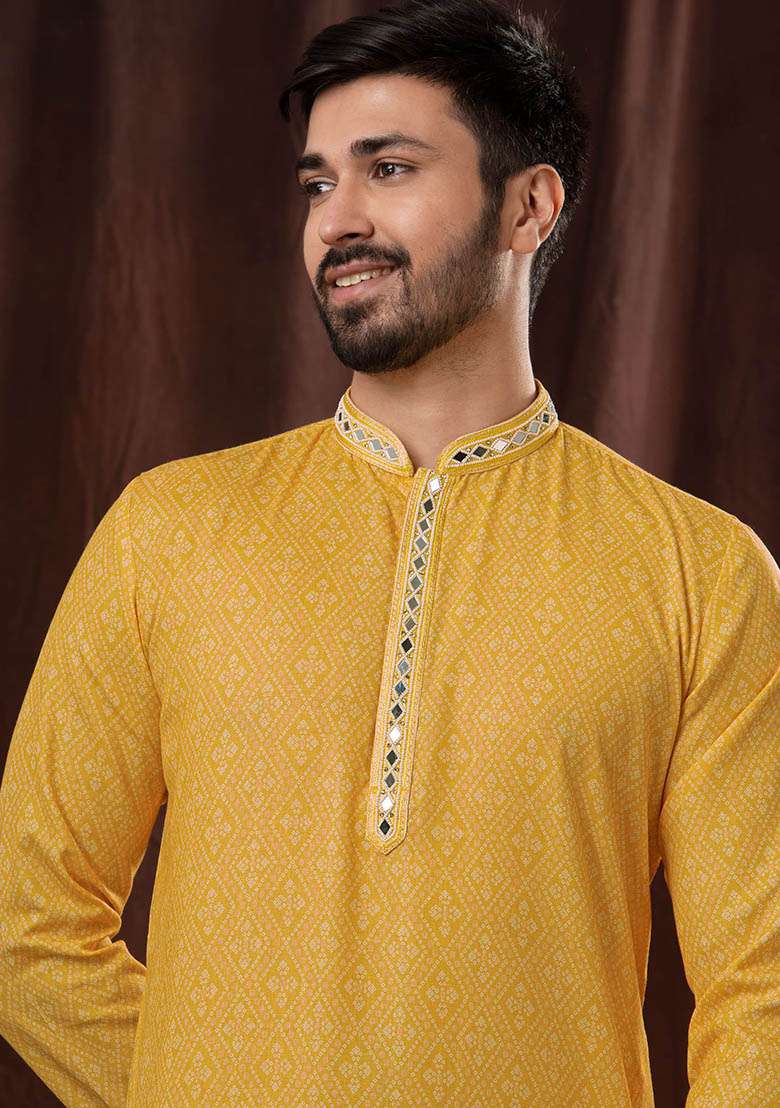 Yellow Solid Silk Kurta Set For Men - Indya