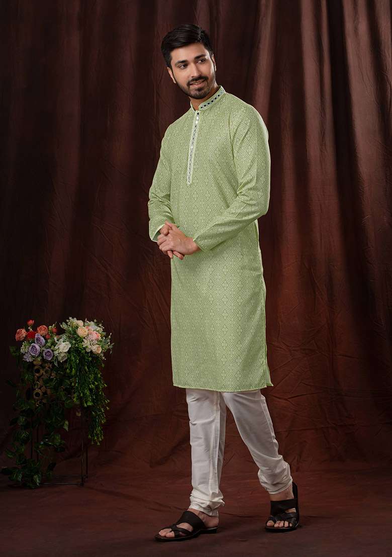 Light Green Solid Silk Kurta Set For Men - Indya