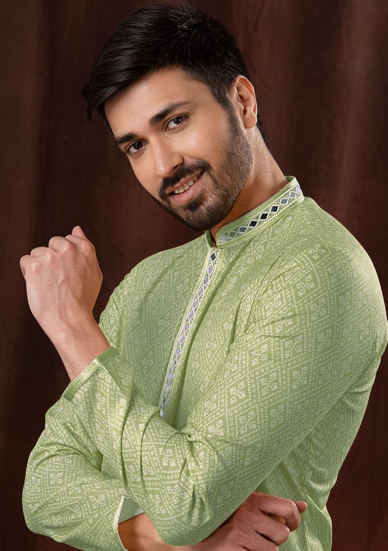 Light Green Solid Silk Kurta Set For Men