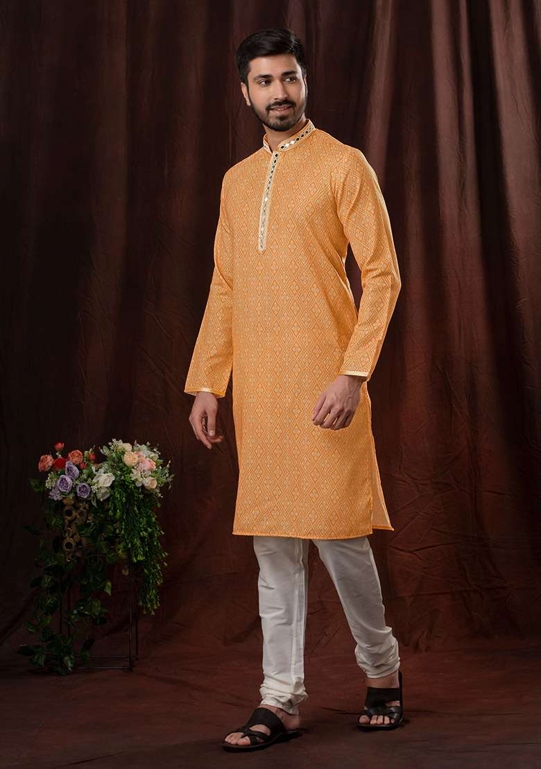 Orange Solid Silk Kurta Set For Men - Indya
