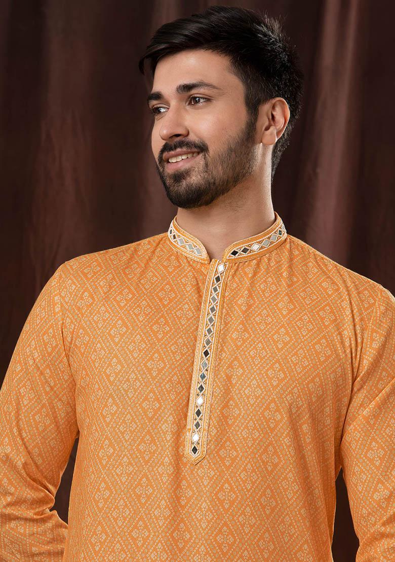 Orange Solid Silk Kurta Set For Men