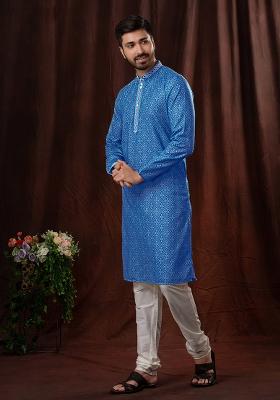 Blue Solid Silk Kurta Set For Men
