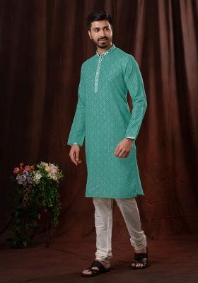 Green Solid Silk Kurta Set For Men