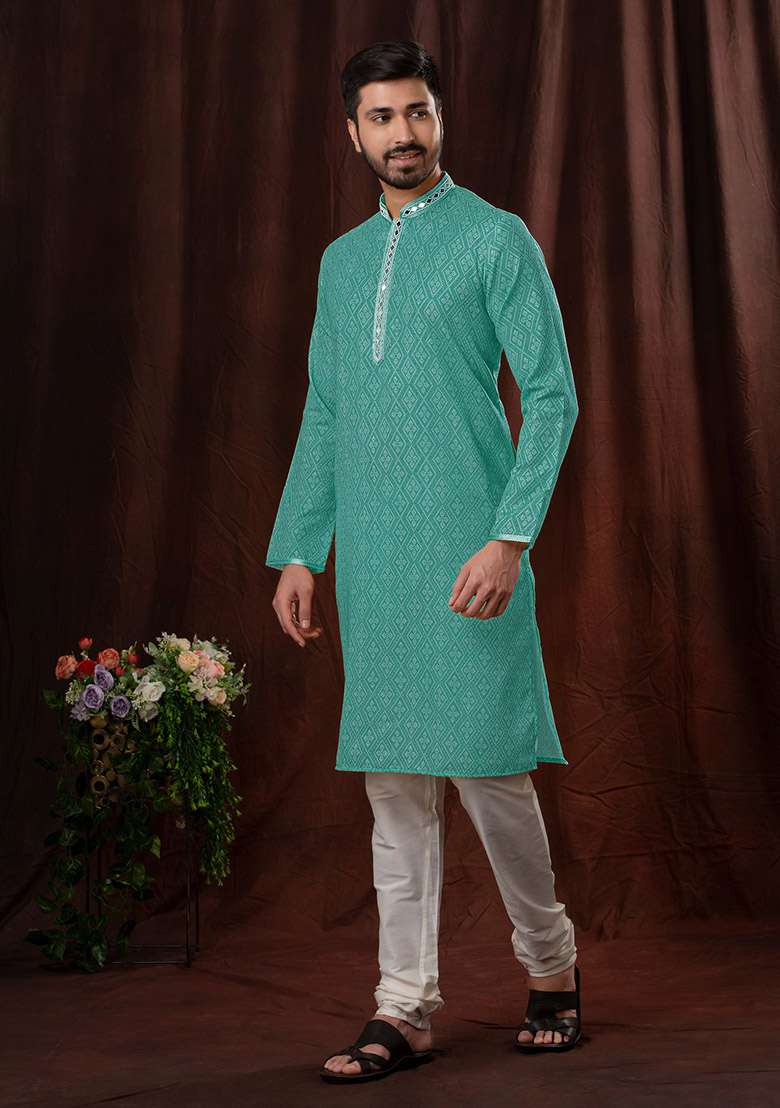 Green Solid Silk Kurta Set For Men - Indya
