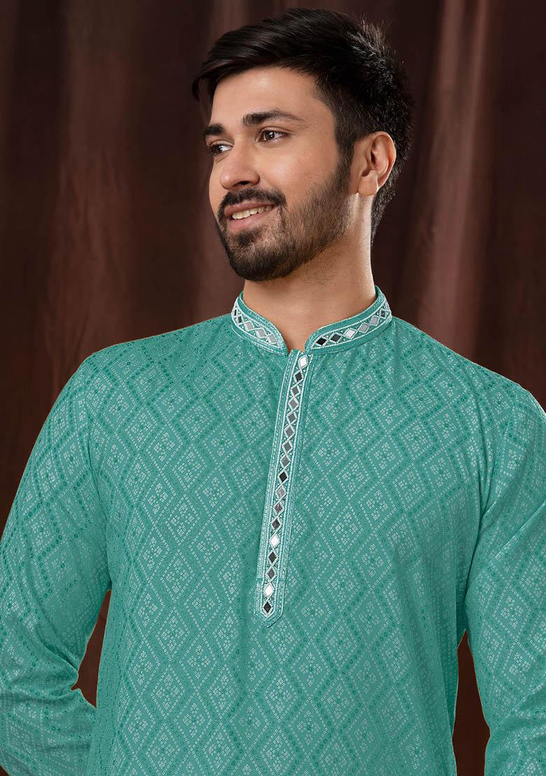 Green Solid Silk Kurta Set For Men