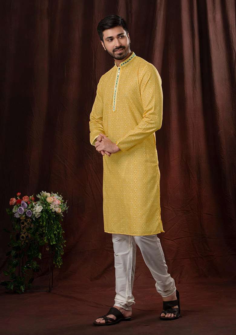 Light Yellow Solid Silk Kurta Set For Men - Indya