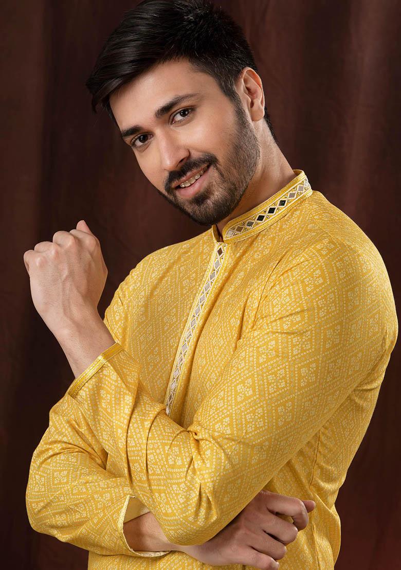 Light Yellow Solid Silk Kurta Set For Men