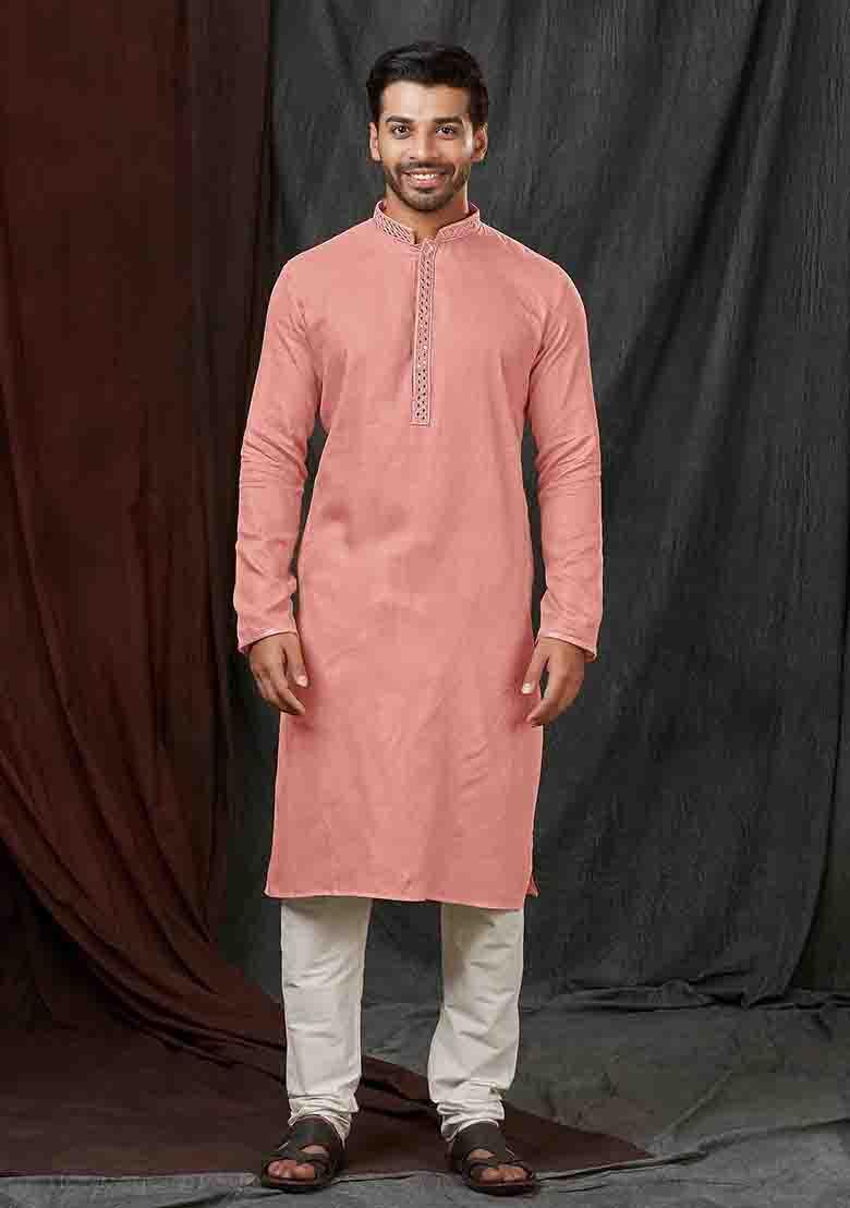 Peach Solid Jacquard Kurta Set For Men