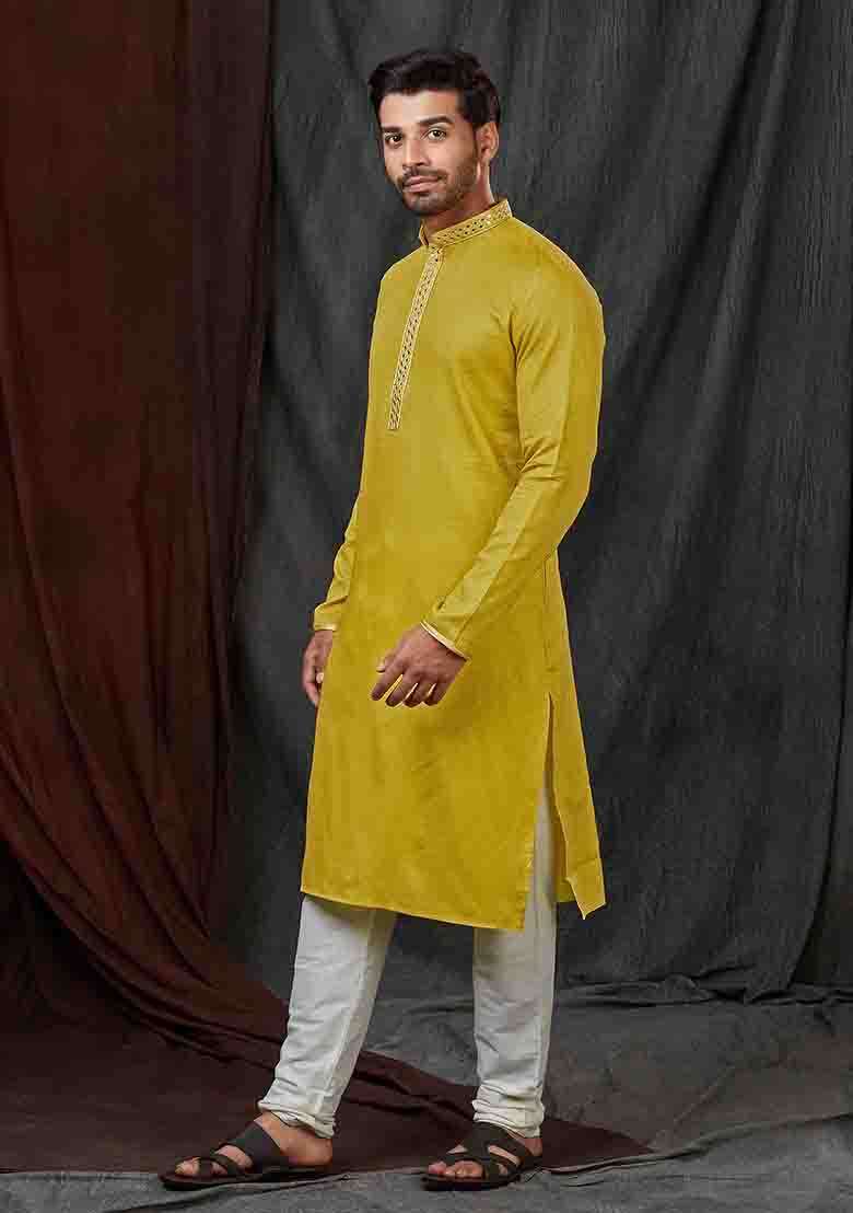 Green Solid Jacquard Kurta Set For Men - Indya