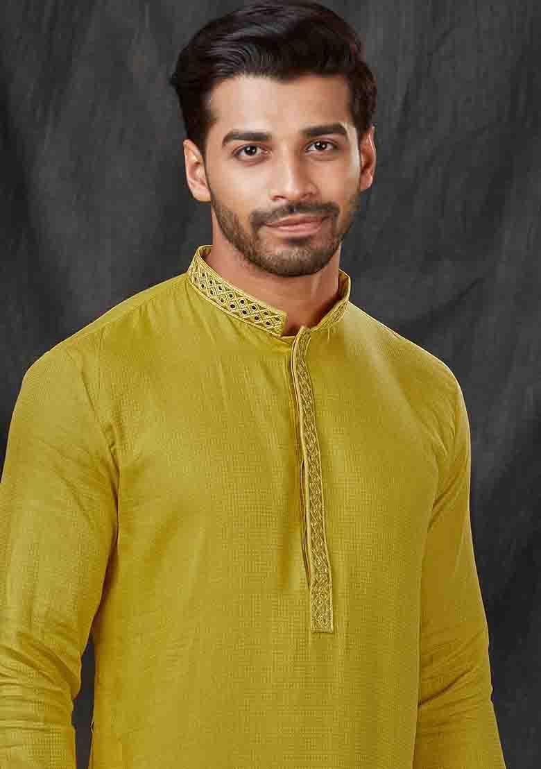 Green Solid Jacquard Kurta Set For Men