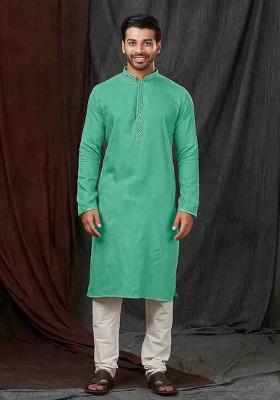 C.Green Solid Jacquard Kurta Set For Men
