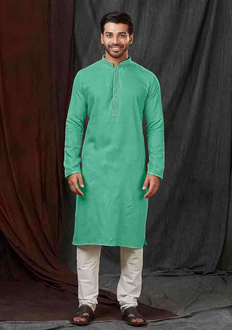 C.Green Solid Jacquard Kurta Set For Men - Indya