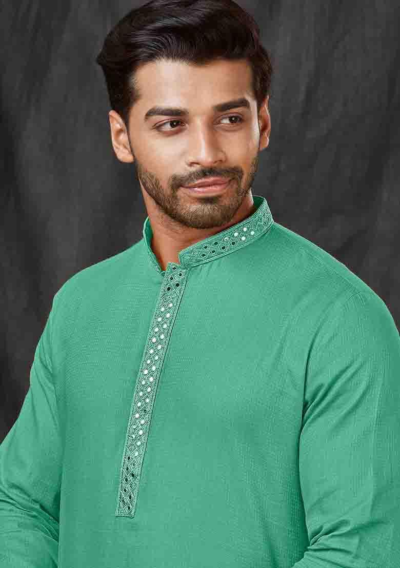C.Green Solid Jacquard Kurta Set For Men