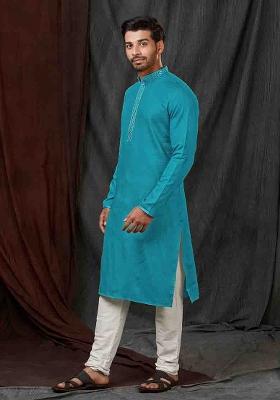 Blue Solid Jacquard Kurta Set For Men