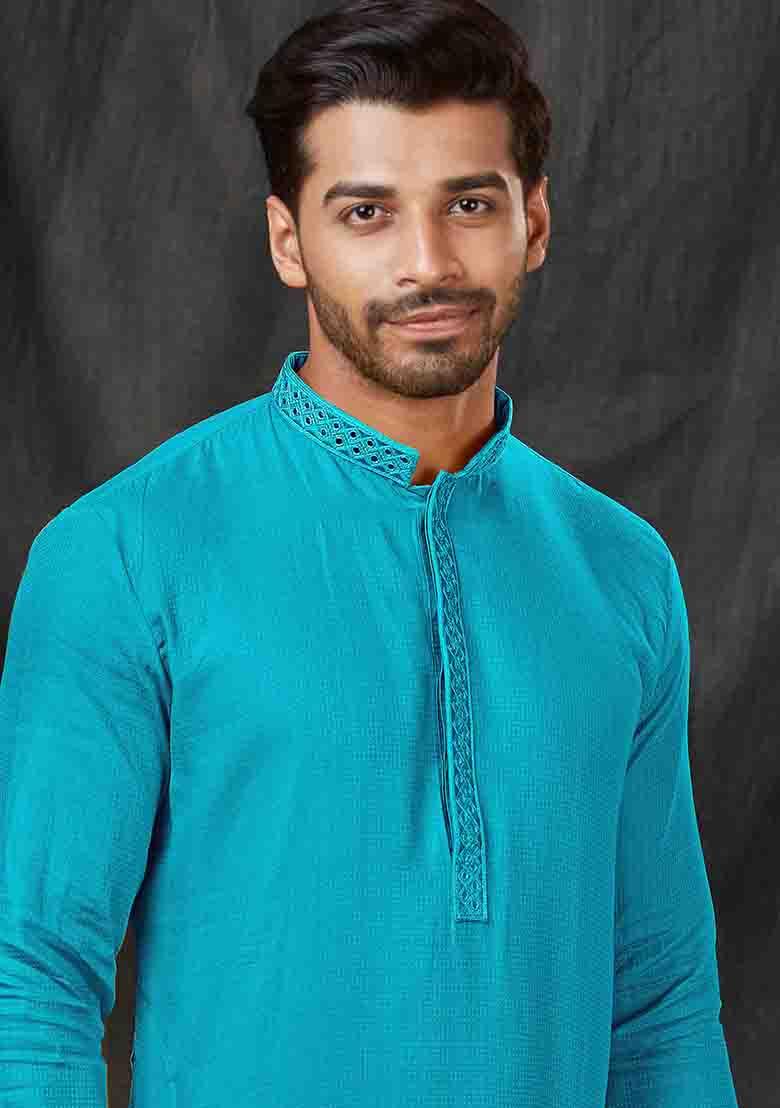 Blue Solid Jacquard Kurta Set For Men