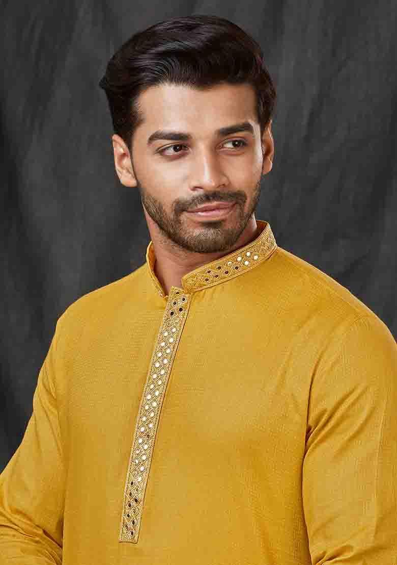 Musturd Solid Jacquard Kurta Set For Men