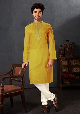Yellow Solid Cotton Kurta Set For Men