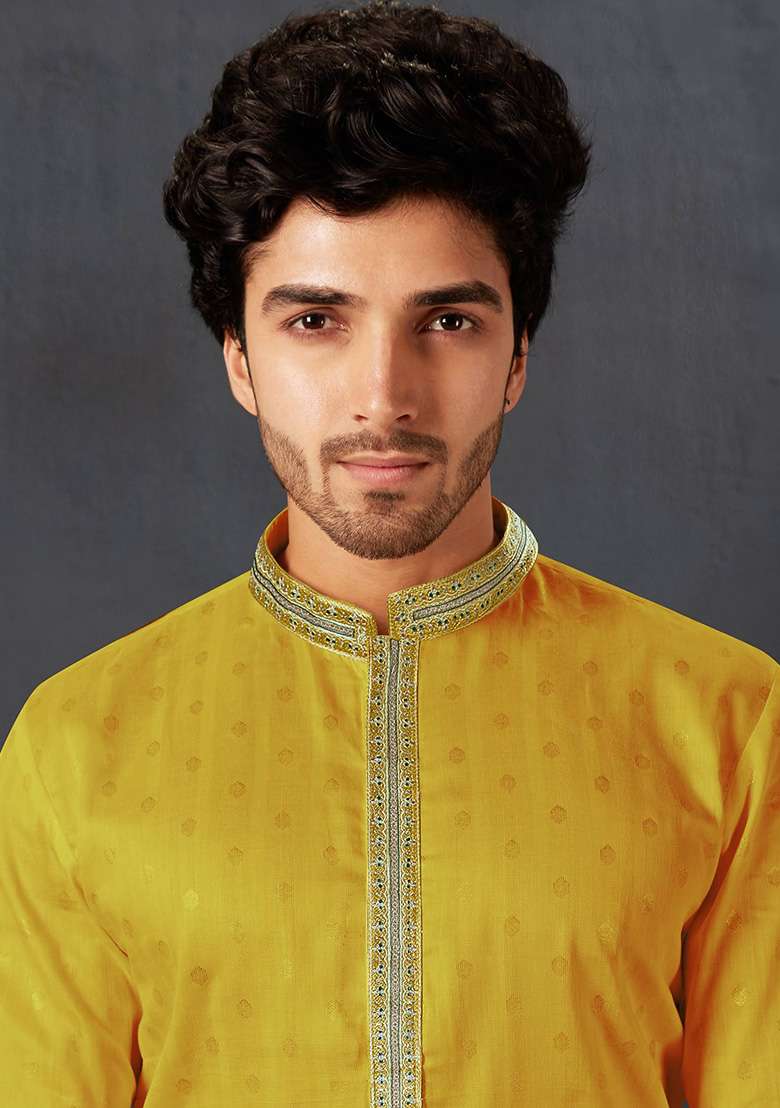 Yellow Solid Cotton Kurta Set For Men - Indya