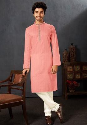 Baby Pink Solid Cotton Kurta Set For Men
