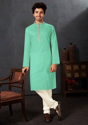 C.Green Solid Cotton Kurta Set For Men