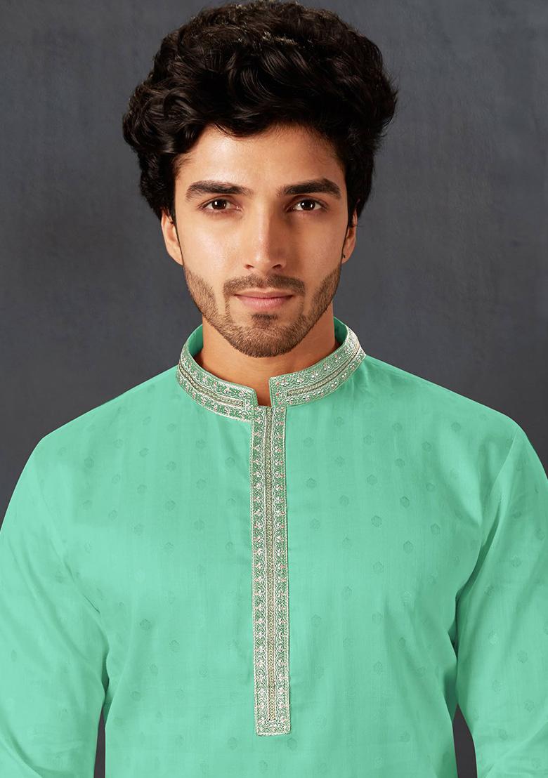 C.Green Solid Cotton Kurta Set For Men