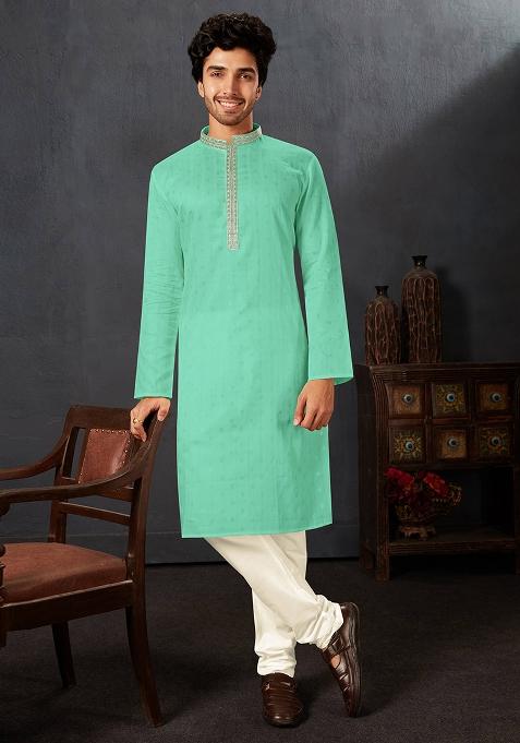C.Green Solid Cotton Kurta Set For Men
