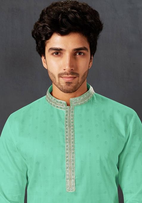 C.Green Solid Cotton Kurta Set For Men