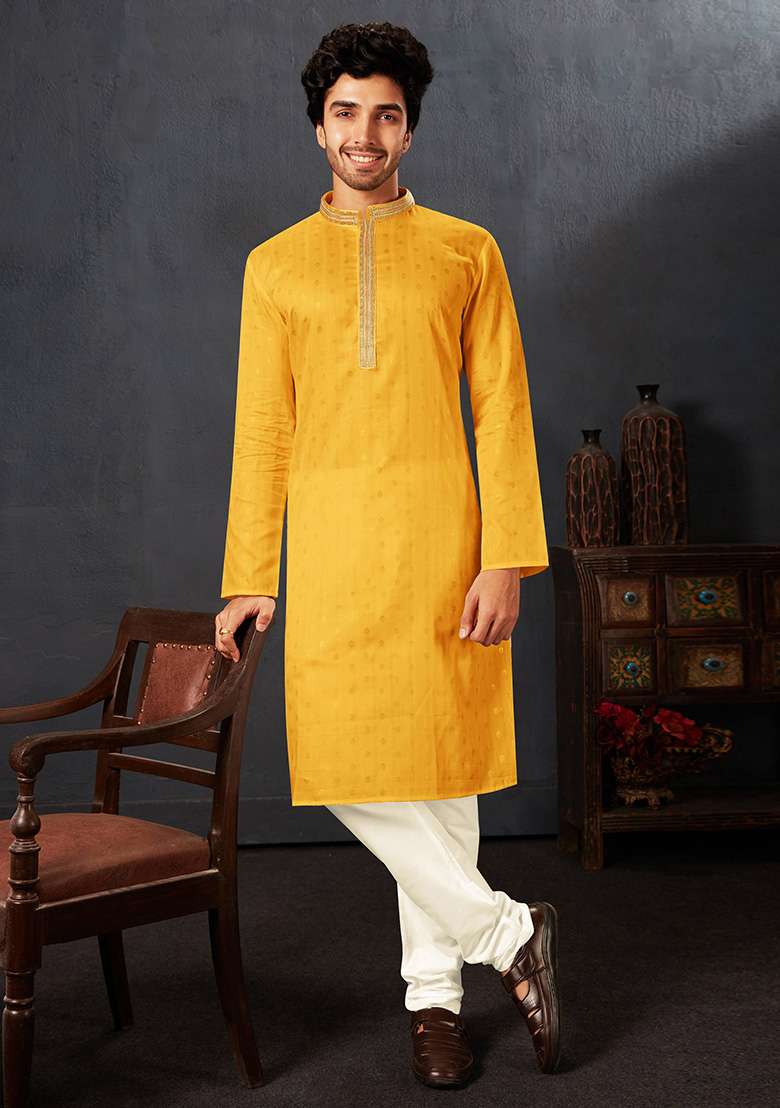 Yellow Solid Cotton Kurta Set For Men - Indya