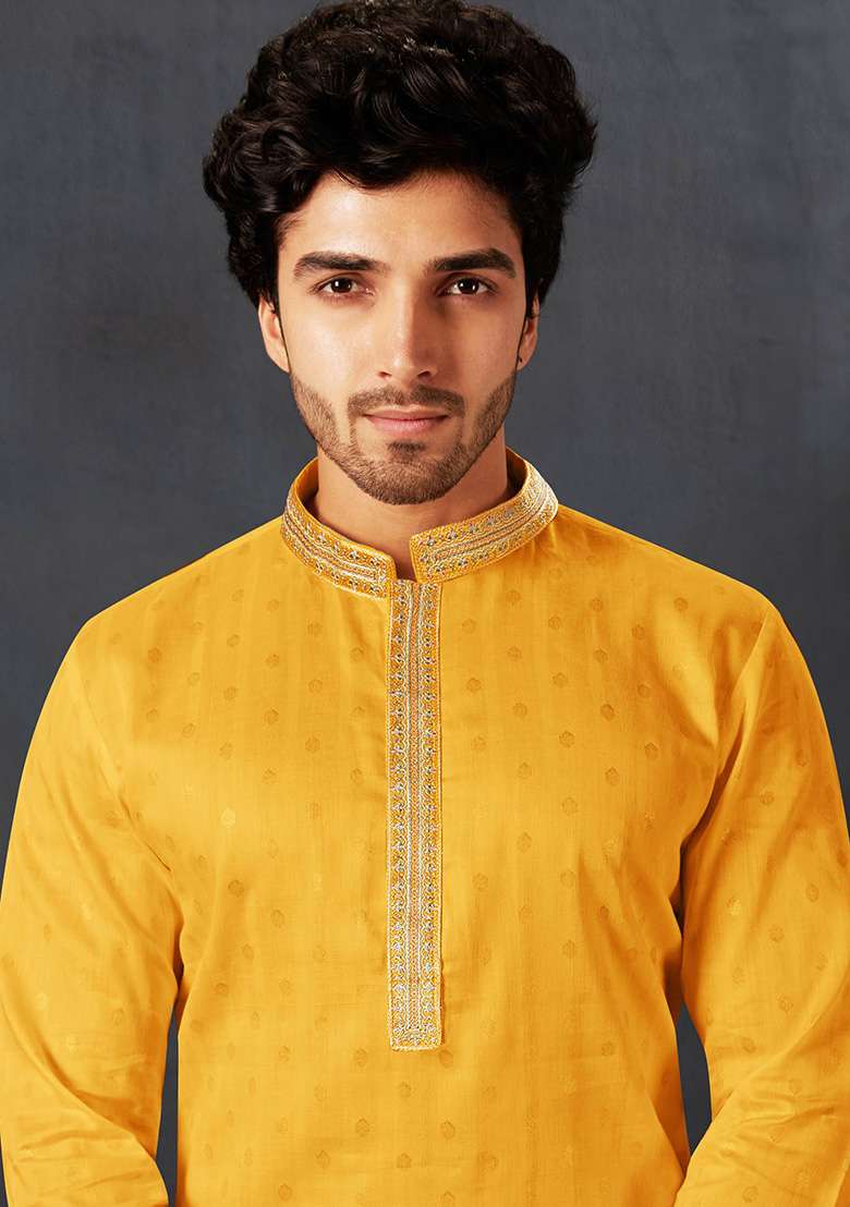 Yellow Solid Cotton Kurta Set For Men - Indya