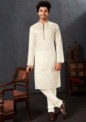 White Solid Cotton Kurta Set For Men